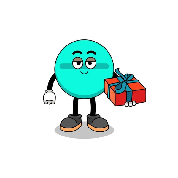 Medicine Tablet Mascot Illustration Giving Gift Character Design — Vector de stock