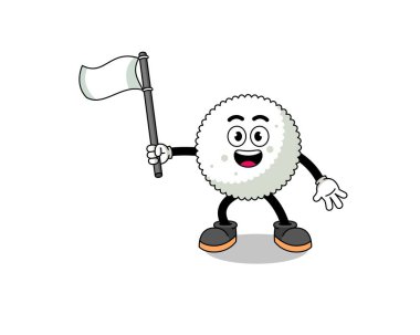 Beyaz bir bayrak taşıyan pirinç topunun çizgi film çizimi, karakter tasarımı