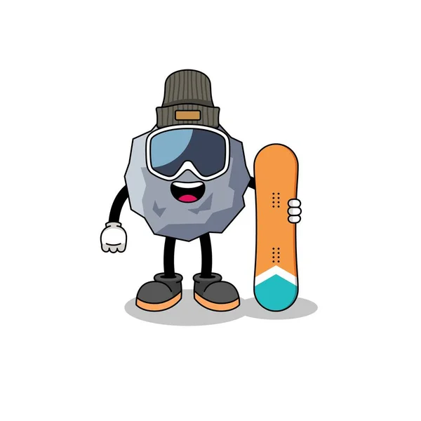 Maskot Kartun Batu Snowboard Player Desain Karakter - Stok Vektor
