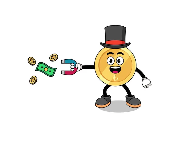 Charakter Ilustrace Turkyně Lira Chytání Peněz Magnetem Charakter Designu — Stockový vektor