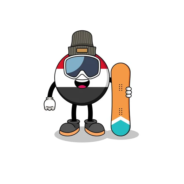 Mascota Dibujos Animados Yemen Bandera Snowboard Jugador Diseño Personajes — Vector de stock