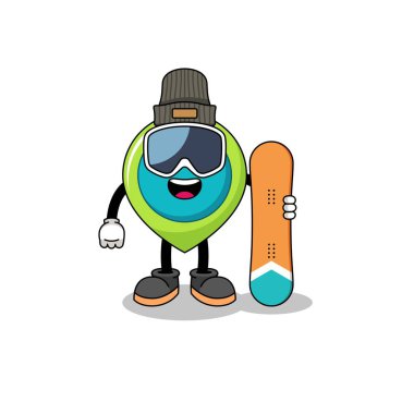 Konum sembolü snowboard oyuncusu maskot çizgi filmi, karakter tasarımı