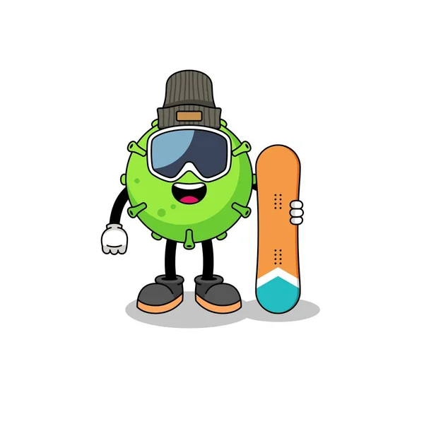 Mascotte Cartoon Van Virus Snowboard Speler Karakter Ontwerp — Stockvector