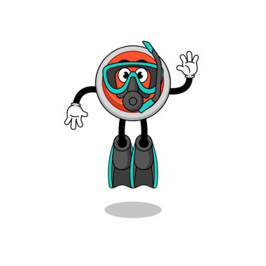 Bir dalgıç olarak acil durum düğmesinin karakter karikatürü, karakter tasarımı