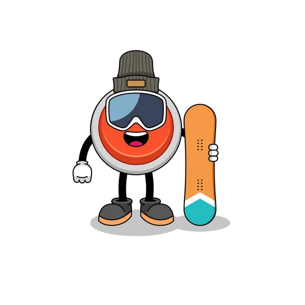 Mascota Dibujos Animados Emergencia Botón Snowboard Jugador Diseño Personajes — Vector de stock