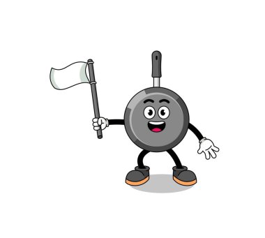 Kızartma tavasının beyaz bir bayrak taşıdığı karikatür çizimi, karakter tasarımı