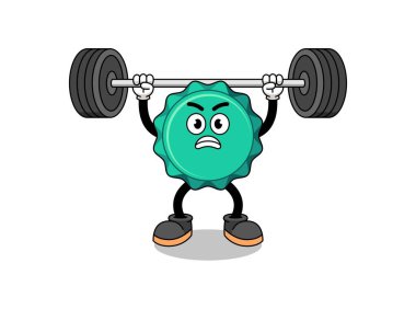 Şişe kapağı maskotu çizgi filmi halter kaldırıyor, karakter tasarımı