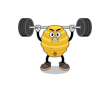 Arı kovanı maskotu çizgi filmi halter kaldırıyor, karakter tasarımı