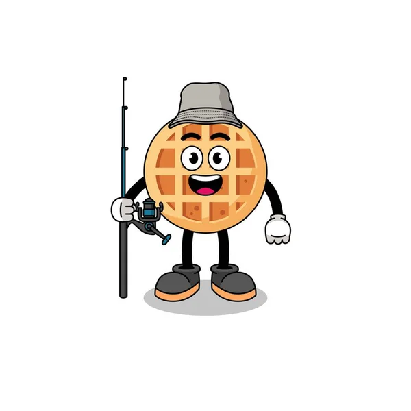 Mascot Εικονογράφηση Του Κύκλου Waffle Ψαράς Σχεδιασμός Χαρακτήρα — Διανυσματικό Αρχείο