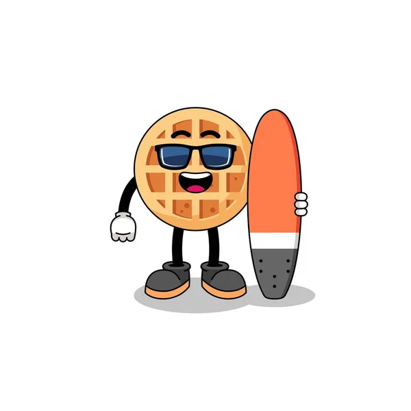 Mascot Cartoon Circle Waffle Surfer Character Design — Stock vektor
