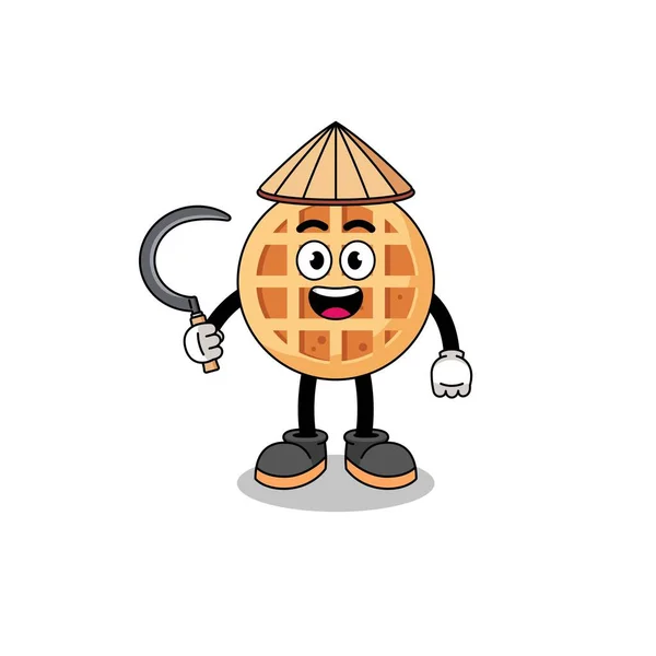 Asyalı Bir Çiftçi Olarak Çember Waffle Tasviri Karakter Tasarımı — Stok Vektör