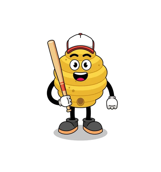 蜜蜂蜂窝吉祥物卡通片作为棒球选手 角色设计 — 图库矢量图片