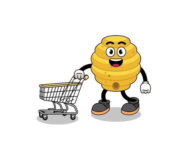 Cartoon Bee Hive Holding Shopping Trolley Character Design — Stock Vector