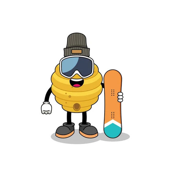 Mascotte Cartoon Van Bijenkorf Snowboard Speler Karakter Ontwerp — Stockvector