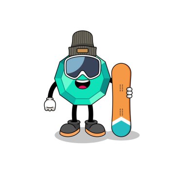 Zümrüt mücevher snowboard oyuncusunun maskot karikatürü, karakter tasarımı.