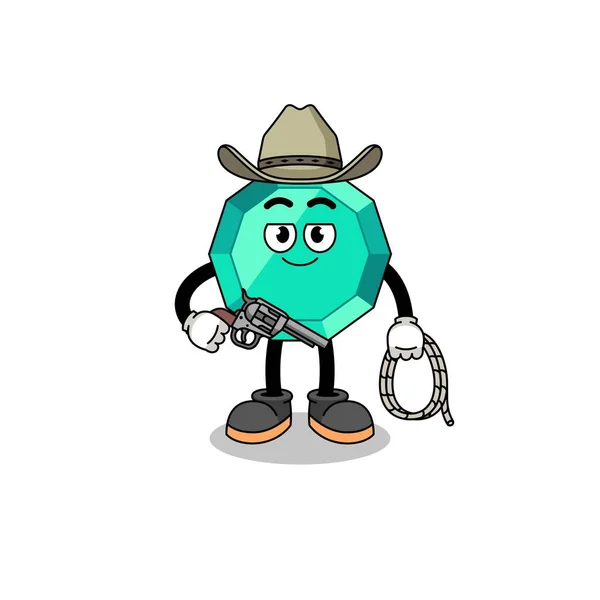 Charaktermaskottchen Aus Smaragdgrünem Edelstein Als Cowboy Charakterdesign — Stockvektor
