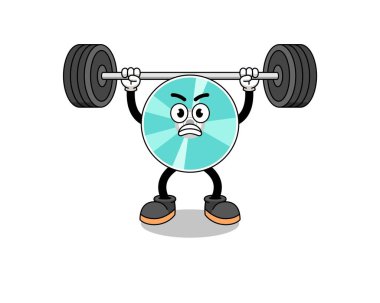 optik disk maskot çizgi filmi halter kaldırıyor, karakter tasarımı