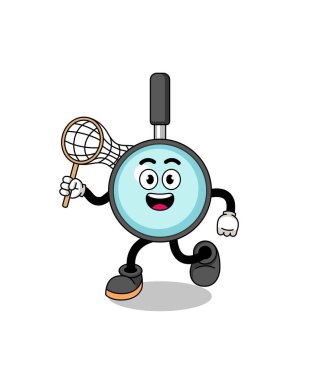 Bir kelebeği yakalayan büyüteç karikatürü, karakter tasarımı.