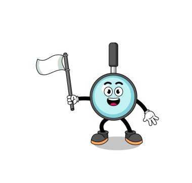 Beyaz bir bayrak taşıyan büyüteç karikatür çizimi, karakter tasarımı