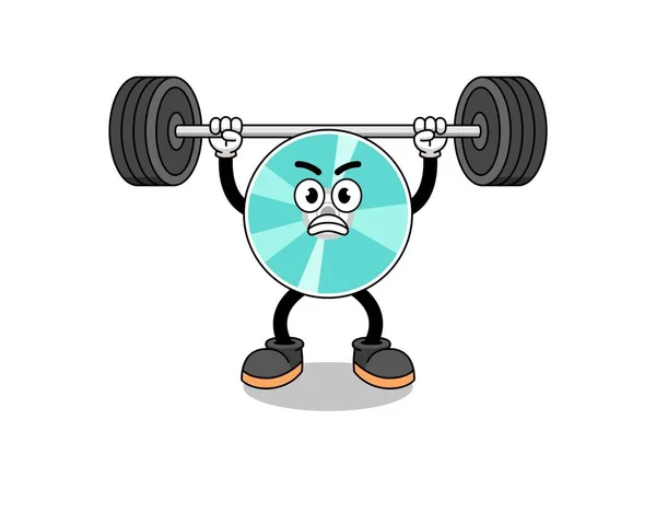 Optical Disc Mascot Cartoon Lifting Barbell Character Design — Archivo Imágenes Vectoriales
