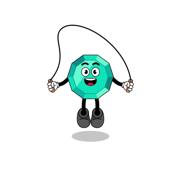 Emerald Gemstone Mascot Cartoon Playing Skipping Rope Character Design — Wektor stockowy