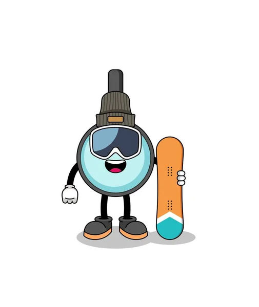 Mascot Cartoon Magnifying Glass Snowboard Player Character Design — Stockvector