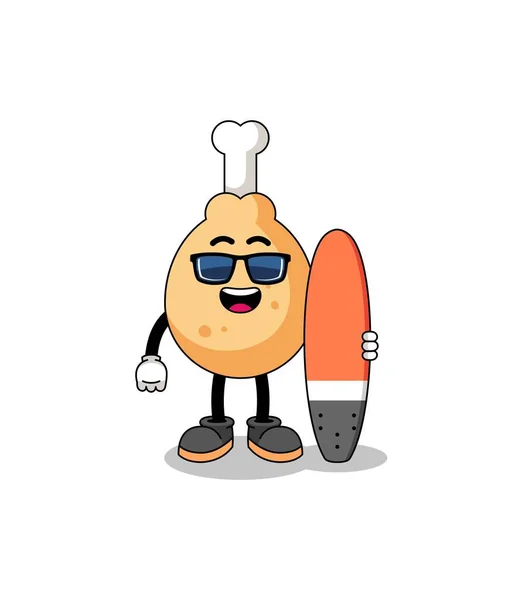 Mascot Cartoon Fried Chicken Surfer Character Design — Stock Vector