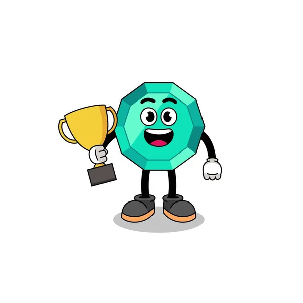 Cartoon Mascot Emerald Gemstone Holding Trophy Character Design — Archivo Imágenes Vectoriales