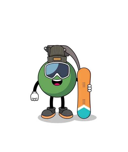 Mascot Cartoon Grenade Snowboard Player Character Design — Stockvector