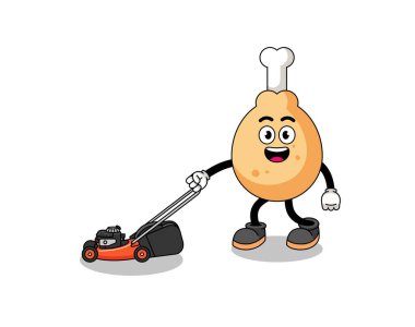 Çim biçme makinesi taşıyan kızarmış tavuk çizimi karikatürü, karakter tasarımı