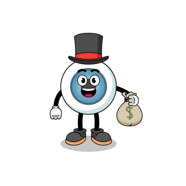 Göz maskotu illüstrasyonu. Elinde para çantası olan zengin adam. Karakter tasarımı.
