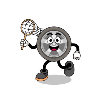 Bir kelebek yakalayan araba tekerleği karikatürü, karakter tasarımı