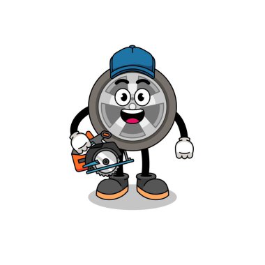 Bir ahşap işçisi olarak araba tekerleğinin çizgi film çizimi, karakter tasarımı