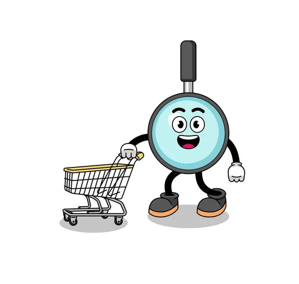 Cartoon Magnifying Glass Holding Shopping Trolley Character Design — Vector de stock