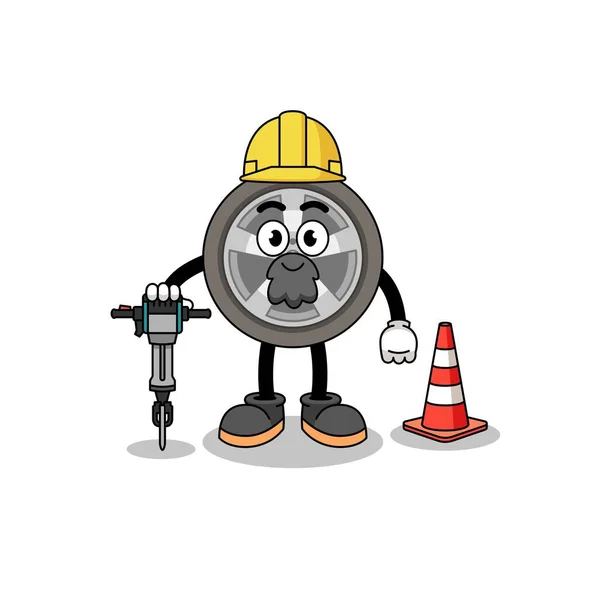 Character Cartoon Car Wheel Working Road Construction Character Design — Stockvector