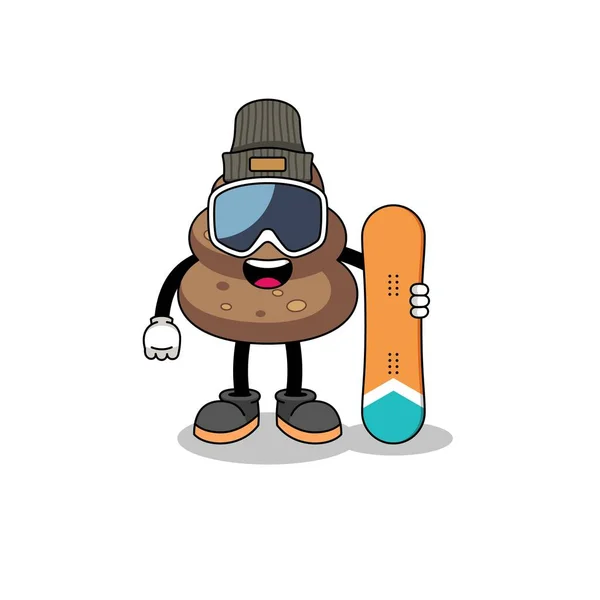 Mascot Cartoon Poop Snowboard Player Character Design — Stockvector