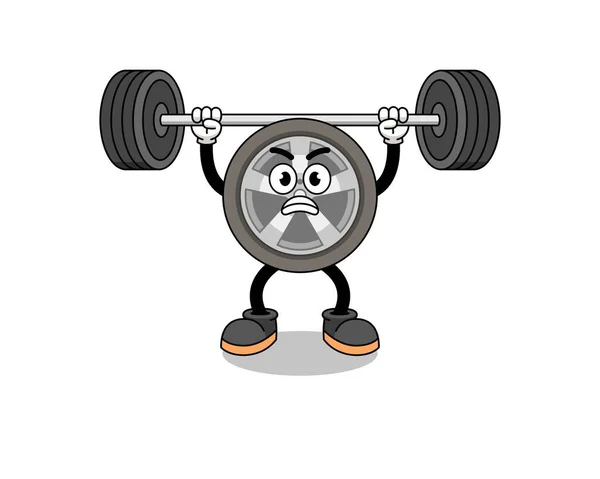 Car Wheel Mascot Cartoon Lifting Barbell Character Design — Archivo Imágenes Vectoriales