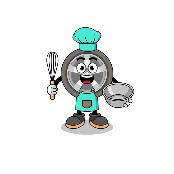 Illustration Car Wheel Bakery Chef Character Design — Stok Vektör