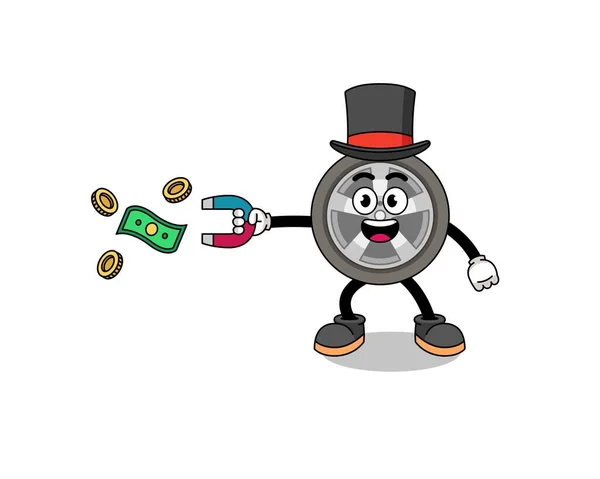 Character Illustration Car Wheel Catching Money Magnet Character Design — Stock Vector