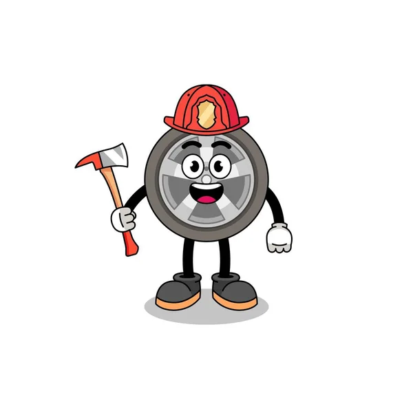 Cartoon Mascot Car Wheel Firefighter Character Design — Stockvector