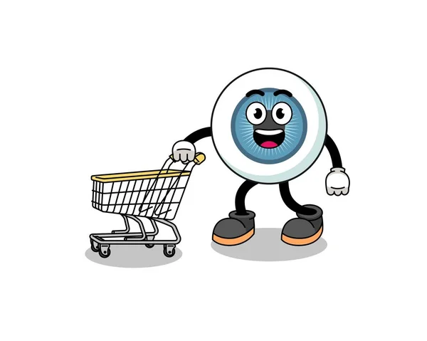 Cartoon Eyeball Holding Shopping Trolley Character Design — Vector de stock