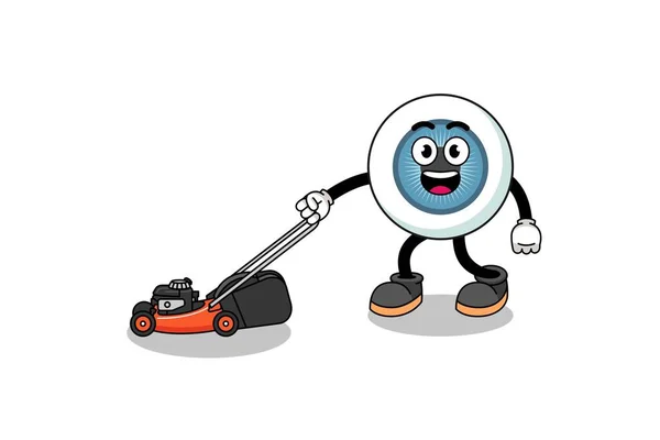 Eyeball Illustration Cartoon Holding Lawn Mower Character Design — Stock Vector