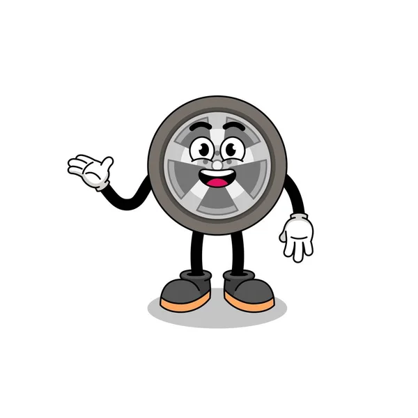 Car Wheel Cartoon Welcome Pose Character Design — Stock vektor