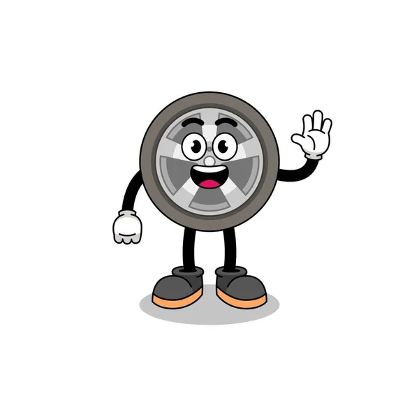 Car Wheel Cartoon Doing Wave Hand Gesture Character Design — Stock vektor