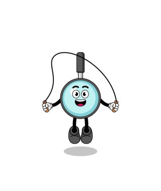 Büyüteç cam maskot çizgi filmi ip atlama, karakter tasarımı oynuyor.