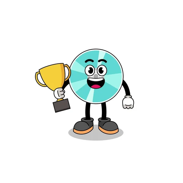 Cartoon Mascot Optical Disc Holding Trophy Character Design —  Vetores de Stock