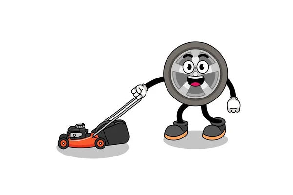 Car Wheel Illustration Cartoon Holding Lawn Mower Character Design —  Vetores de Stock