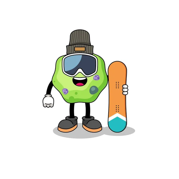 Mascotte Dessin Animé Amibe Snowboard Player Character Design — Image vectorielle