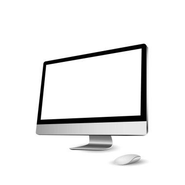 Beyaz ekranlı monitör, bilgisayar faresi - yan görünüm. Vektör.