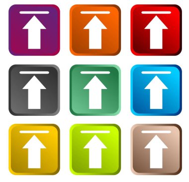 Farklı renkte izole edilmiş kare gönderme düğmeleri veya simgeleri. Web sitesi için simge koleksiyonu yükleme işlemi.